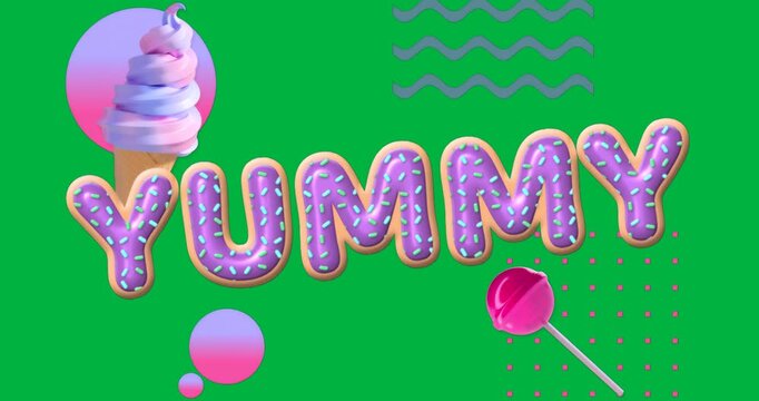 Designers previewing food design on transparent canvas, featuring 3D letters ice cream and lollipop