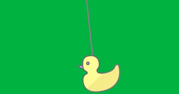 Designers displaying cartoon yellow duck hanging from metal zipper strap on transparent background