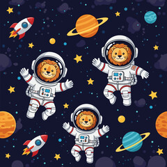Cute cartoon lion astronauts explore outer space with planets and rockets inspiring adventure