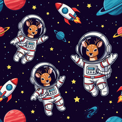 Cute cartoon deer astronauts float happily in a vibrant starry space with planets and rockets