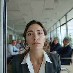 Woman in suit stands outside glass conference room with men at table looking concerned in office setting