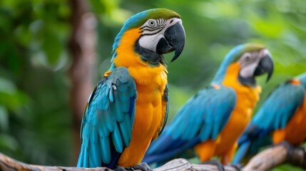 Obraz premium Blue-and-yellow macaw perched on branch looking left