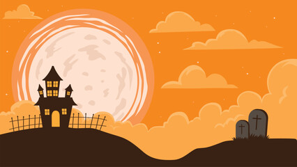 silhouette background with orange color, halloween theme background with big moon and haunted house