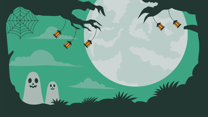 Halloween background featuring ghosts, bare trees, lanterns, and a full moon. Flat vector.