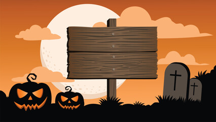 Spooky Halloween Night Illustration Background Featuring Tombstones, Wooden Planks, and Full