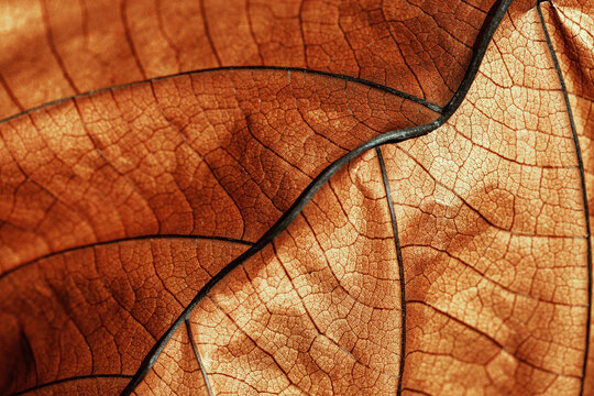 Autumn Dried leaf close up with natural veins pattern, brown leaf as nature background. Trend botanical design backdrop, environment pattern, fall seasonal still life macro trend, soft focus
