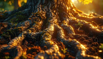 Majestic Tree Roots Illuminated by Golden Sunlight in a Forest with Cinematic HDR Still Life
