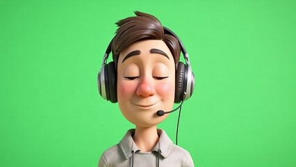 Smiling 3D Cartoon Man with Headset and Closed Eyes on Green Screen. Animated Character for Customer Service or Online Communication.