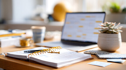 Home office remote work desk with laptop, open paper planner and succulent plant. Organized WFH productivity setup.