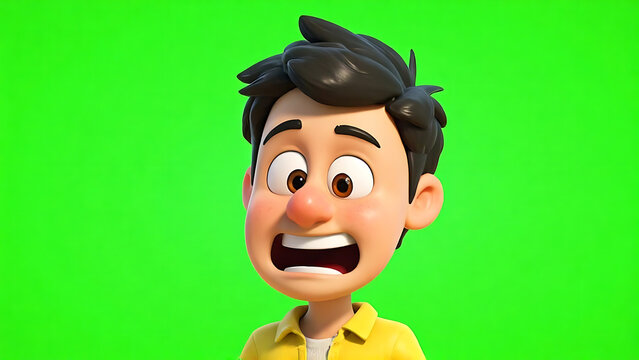 3D animated young man with shocked, scared expression on green screen. Wide-eyed, open-mouthed, and surprised cartoon character.