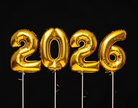 Four gold foil balloons spelling "2026" float against a plain black background, suspended by slender white sticks with ribbons - Powered by Adobe