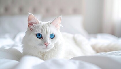 Majestic White Long Haired Cat with Piercing Blue Eyes Relaxing on White Bedding in Bright Indoor Setting