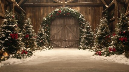 Santa Claus in a rustic workshop set against Christmas entrance large wooden barn arched