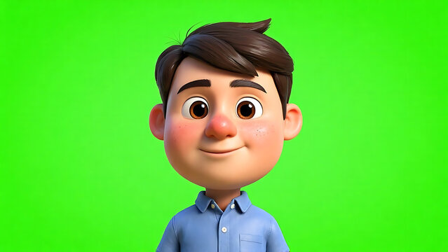 Cute 3D cartoon man character smiling with rosy cheeks on chroma key green screen background