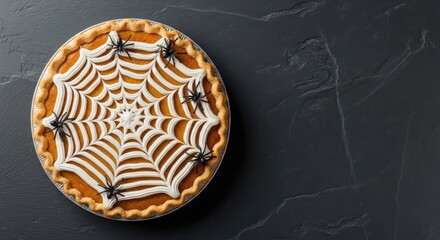 Overhead view of a halloween pumpkin pie decorated with a spider web and spiders on a dark slate surface