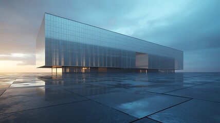 Fototapeta premium Sleek Glass Building Reflecting Moody Sky on Wet Pavement