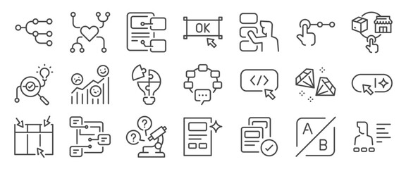 Product design icon set. It included UX, UI, online, customer experience, and more icons. Editable Vector Stroke.