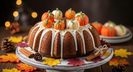 Festive pumpkin bundt cake with icing and autumn decorations on a cake stand