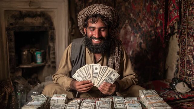 Afghan man holding a stack of cash money bills smiling