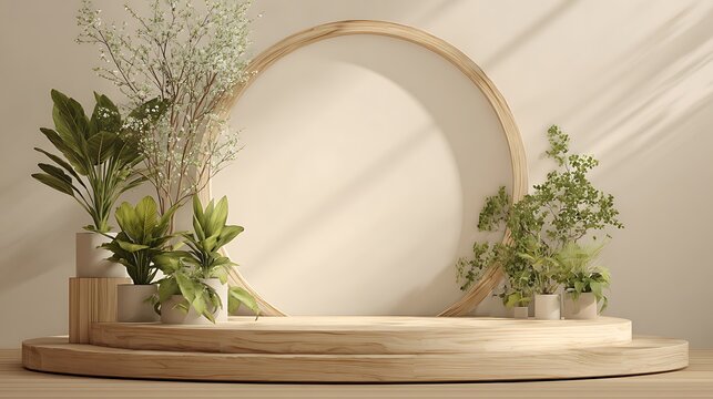 Natural wooden stage with a circular backdrop and potted plants for product presentation and display purposes in studio