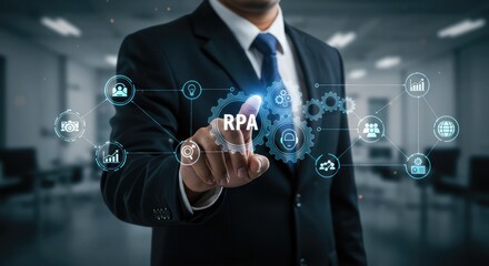 Professional businessman activating RPA technology interface, enhancing business automation and efficiency in a modern office environment