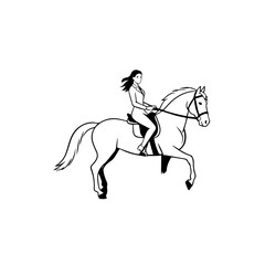 Black and white line art of a beautiful woman with perfect body riding horse elegant minimalist illustration