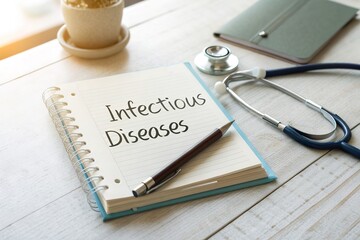 Desk scene featuring a notebook labeled 'Infectious Diseases' with a pen, stethoscope, and plant