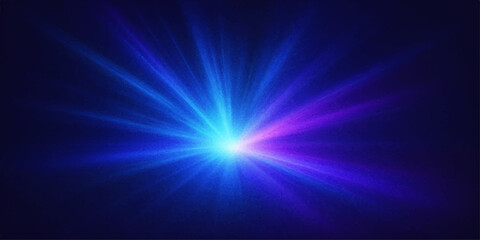An abstract blue background with a bright light burst and glowing blue rays creates a design of cosmic energy and shine