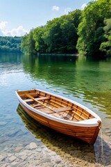 Obraz premium Wooden rowboat floating on a transparent lake with green forest in the background