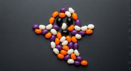 Ghost shape made from colorful jelly beans on a dark background
