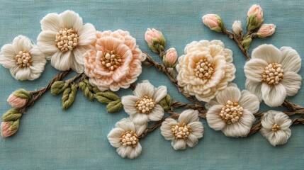 Fototapeta premium Embroidered floral design on light blue fabric