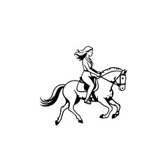 Black and white line art of a beautiful woman with perfect body riding horse elegant minimalist illustration
