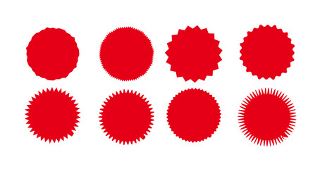 Collection of Red Starburst Badge Designs – Discount Labels, Sale Price Tags, Promotional Stickers, and Quality Guarantee Icon PMG Isolated on Transparent Background