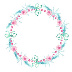 A wreath of beads, bows, and flowers. Christmas. Watercolor.