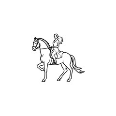 Black and white line art of a beautiful woman with perfect body riding horse elegant minimalist illustration
