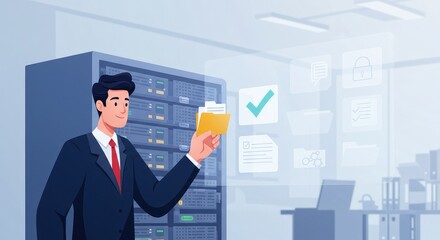 Confident businessman managing data servers with digital icons, showcasing secure cloud storage and efficient information technology solutions