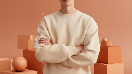 Man in a cream sweatshirt with arms crossed standing among abstract geometric shapes