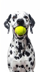 Adorable Dalmatian portrait against a white background, holding a bright yellow tennis ball in its mouth, showing happiness and playfulness