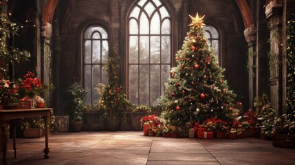 Santa Claus in a rustic workshop, creating Christmas magic luxurious room large tree