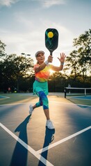 Exciting pickleball match at sunset with focused athlete perfecting their swing on the court