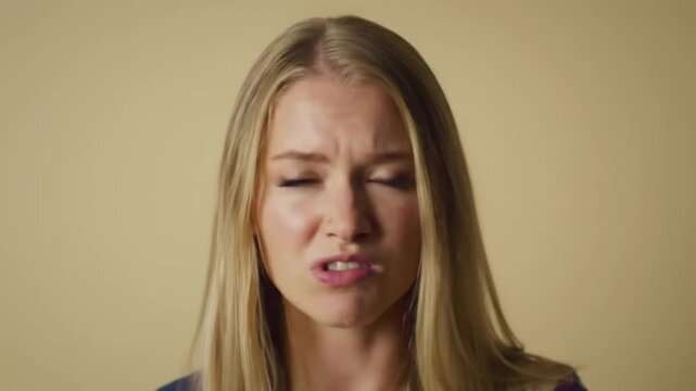 A woman with long blonde hair expressing a look of disgust or distaste on her face. The neutral background focuses attention on her reaction