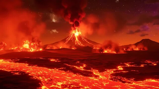 Witness the raw power of nature as a volcano erupts, spewing lava and fire across a desolate landscape under a dramatic, smoky sky at night