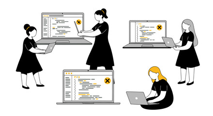 Vector art of people programming on laptops