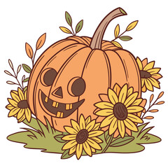 Naklejka premium Illustration of a jack o lantern pumpkin surrounded by sunflowers and foliage on a white background scene