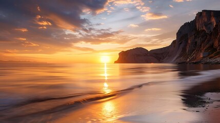 Obraz premium Golden hour sunset reflecting on ocean water and beach