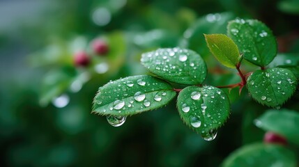 Detailed Close Up of Green Leaves Adorned with Water Droplets in Soft Light a Serene Natural Background Showcasing Freshness and Tranquility