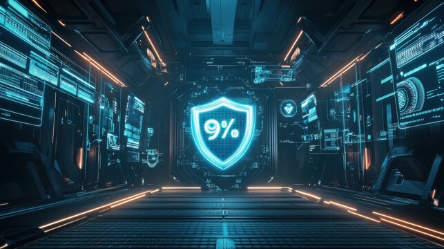 Glowing shield and digital displays in futuristic interior - Powered by Adobe