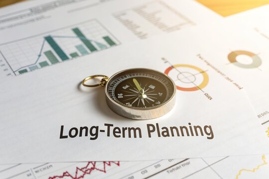 Compass on financial planning documents showing graphs and charts for strategic business decisions - Powered by Adobe