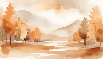 Monochromatic Autumn Landscape Watercolor Painting