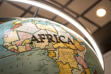 Close-up view of an illuminated globe highlighting Africa with detailed geographical features